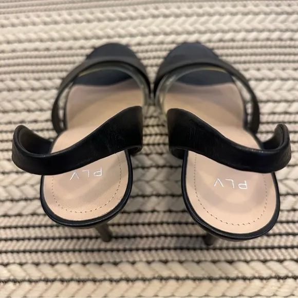 Pour La Victoire Elly Black Leather Clear PVC Slingback Sandal Heels