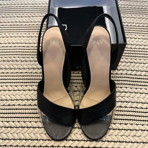 Pour La Victoire Elly Black Leather Clear PVC Slingback Sandal Heels