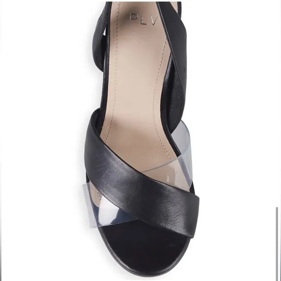 Pour La Victoire Elly Black Leather Clear PVC Slingback Sandal Heels