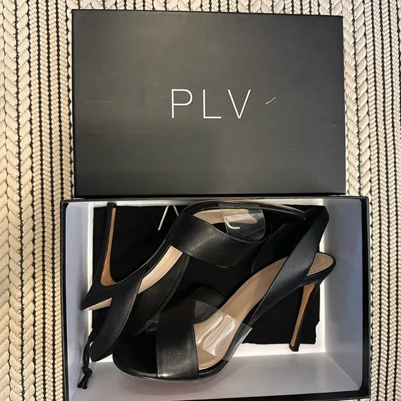 Pour La Victoire Elly Black Leather Clear PVC Slingback Sandal Heels