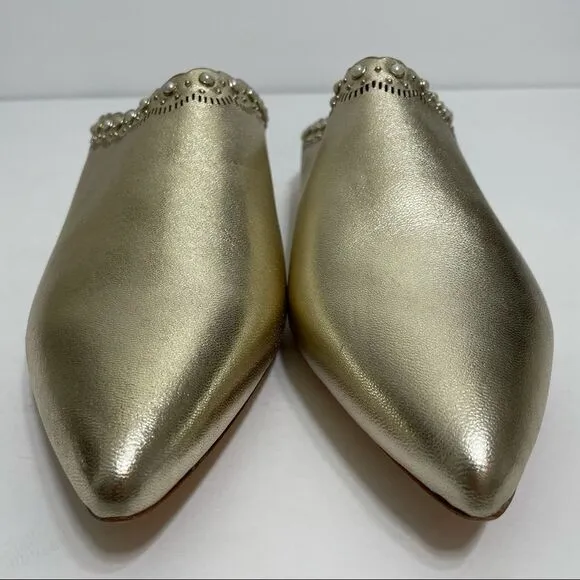 Pour La Victoire Giselle Gold Leather Slip On Flat Pearl Embellished Mules
