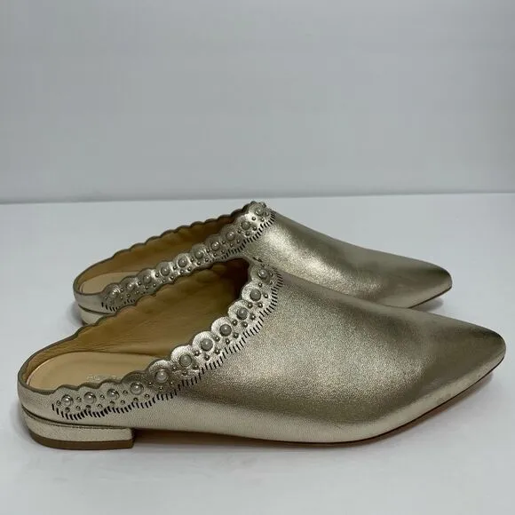 Pour La Victoire Giselle Gold Leather Slip On Flat Pearl Embellished Mules