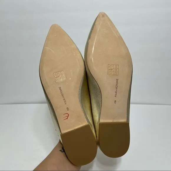 Pour La Victoire Giselle Gold Leather Slip On Flat Pearl Embellished Mules