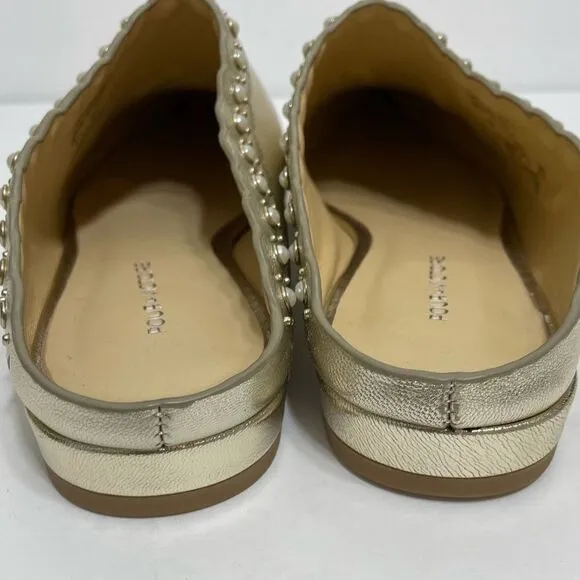 Pour La Victoire Giselle Gold Leather Slip On Flat Pearl Embellished Mules