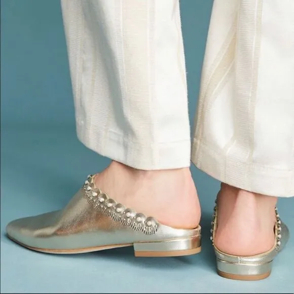 Pour La Victoire Giselle Gold Leather Slip On Flat Pearl Embellished Mules