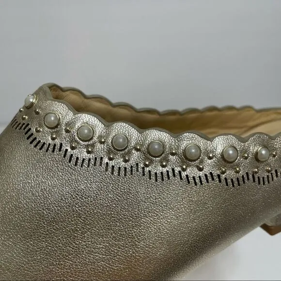 Pour La Victoire Giselle Gold Leather Slip On Flat Pearl Embellished Mules