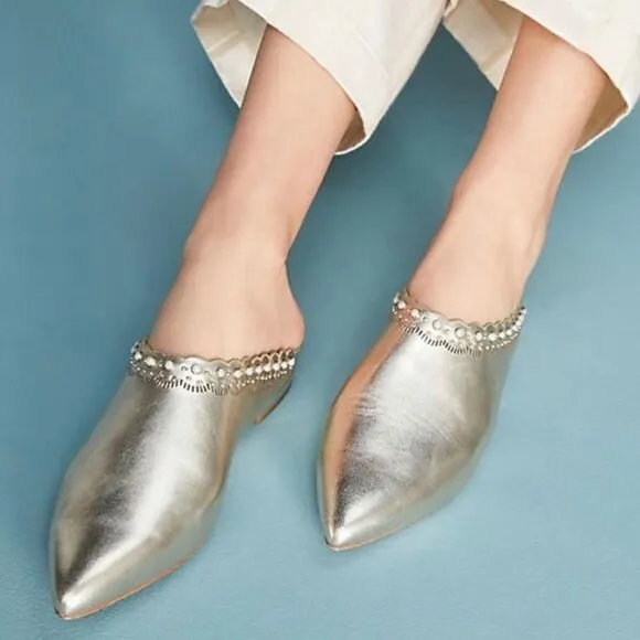 Pour La Victoire Giselle Gold Leather Slip On Flat Pearl Embellished Mules