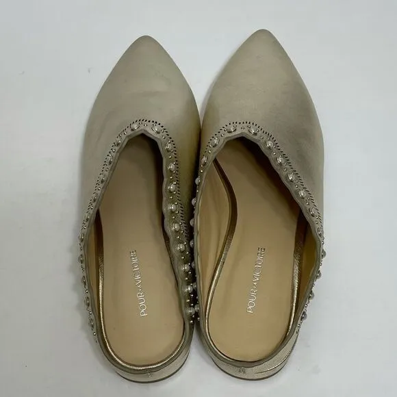 Pour La Victoire Giselle Gold Leather Slip On Flat Pearl Embellished Mules
