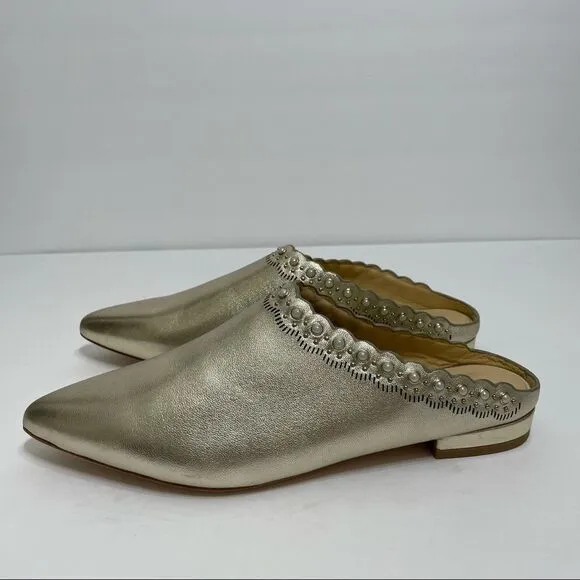 Pour La Victoire Giselle Gold Leather Slip On Flat Pearl Embellished Mules