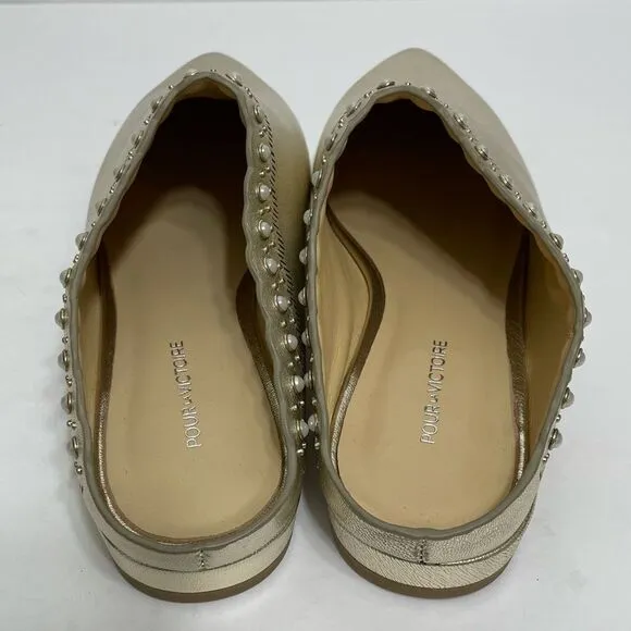 Pour La Victoire Giselle Gold Leather Slip On Flat Pearl Embellished Mules