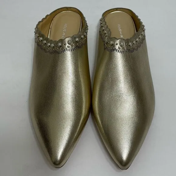 Pour La Victoire Giselle Gold Leather Slip On Flat Pearl Embellished Mules