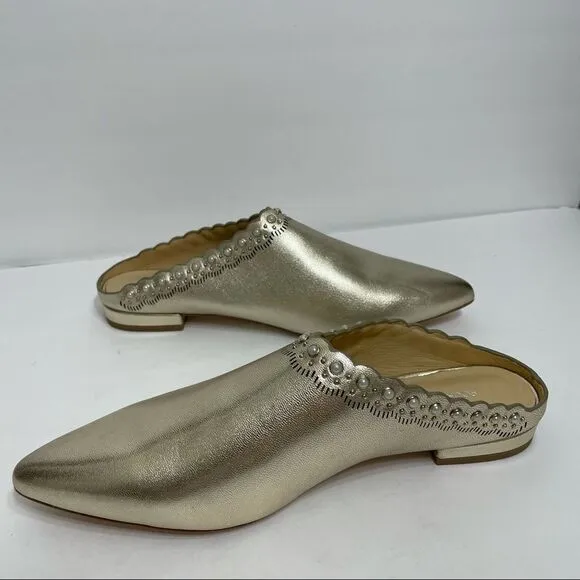 Pour La Victoire Giselle Gold Leather Slip On Flat Pearl Embellished Mules