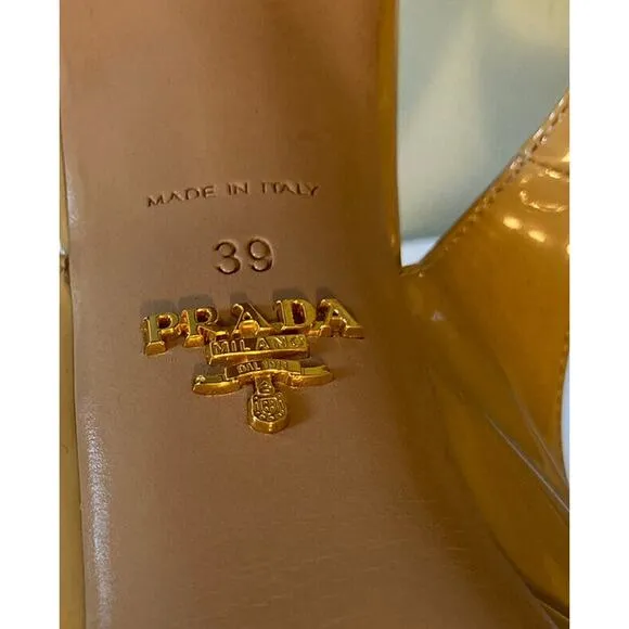 PRADA Beige Nude Patent Leather Open Toe Slingback Pumps Heels Size 39 US 9
