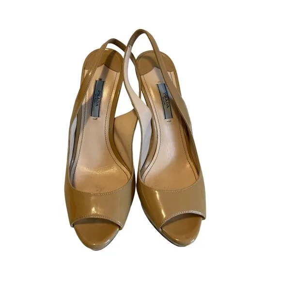 PRADA Beige Nude Patent Leather Open Toe Slingback Pumps Heels Size 39 US 9