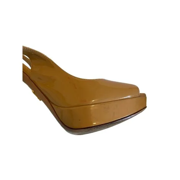 PRADA Beige Nude Patent Leather Open Toe Slingback Pumps Heels Size 39 US 9