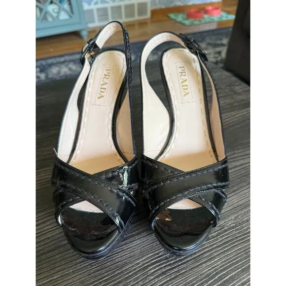 PRADA Black Patent Leather Platform Slingback 4’ Heels