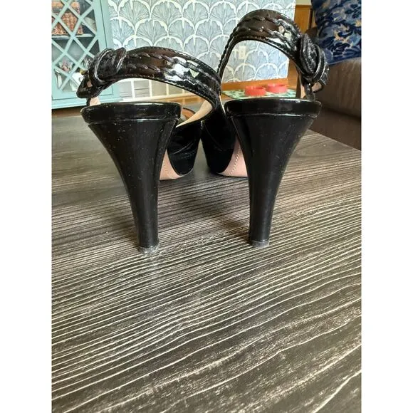 PRADA Black Patent Leather Platform Slingback 4’ Heels