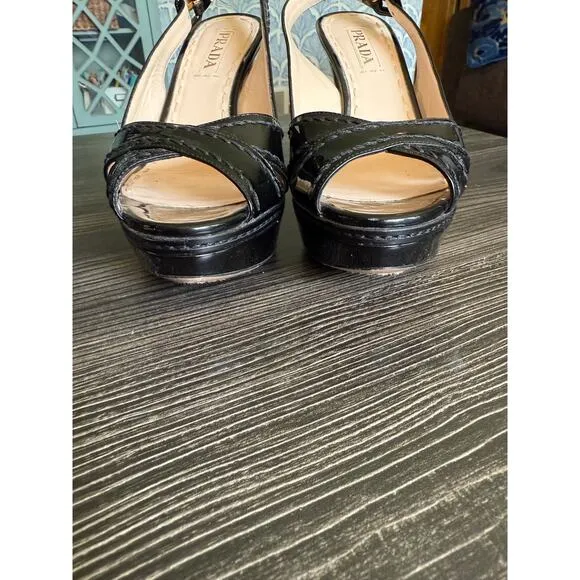 PRADA Black Patent Leather Platform Slingback 4’ Heels