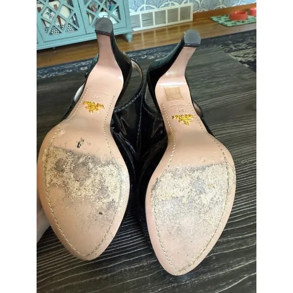 PRADA Black Patent Leather Platform Slingback 4’ Heels