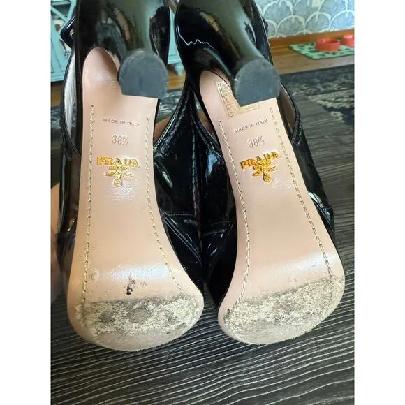 PRADA Black Patent Leather Platform Slingback 4’ Heels