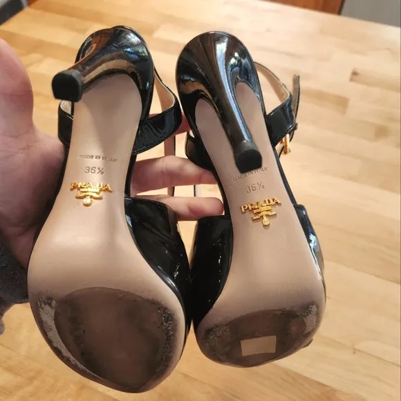 Prada black patent leather strappy slingback heels