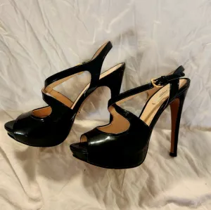 Prada black patent leather strappy slingback heels