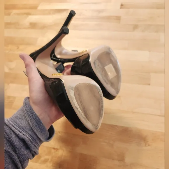 Prada black patent leather strappy slingback heels