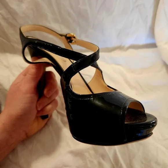 Prada black patent leather strappy slingback heels