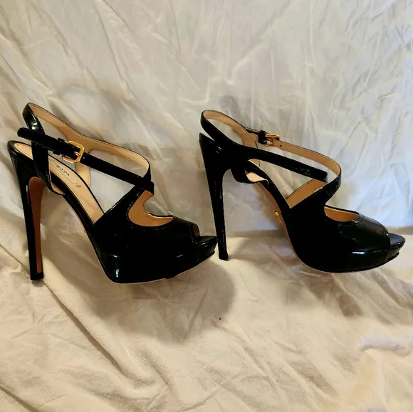 Prada black patent leather strappy slingback heels