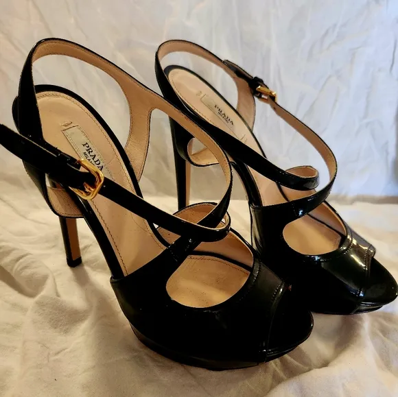 Prada black patent leather strappy slingback heels