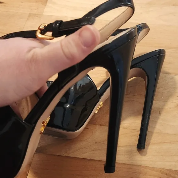 Prada black patent leather strappy slingback heels