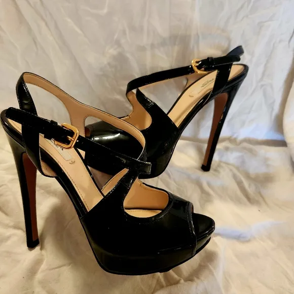 Prada black patent leather strappy slingback heels