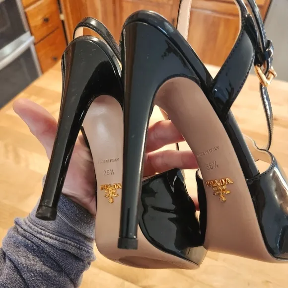Prada black patent leather strappy slingback heels