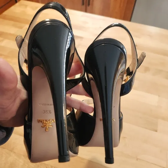 Prada black patent leather strappy slingback heels