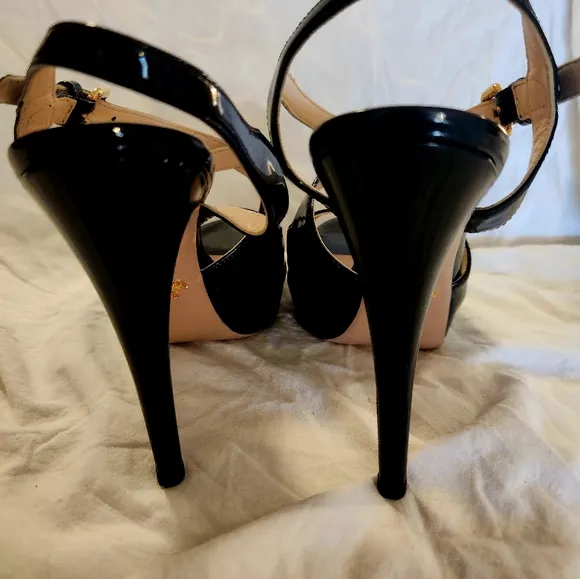 Prada black patent leather strappy slingback heels