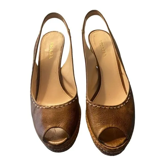 Prada Brown Leather Peep Toe Slingback Heels 40