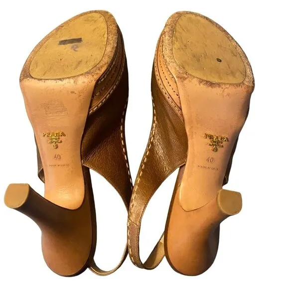 Prada Brown Leather Peep Toe Slingback Heels 40
