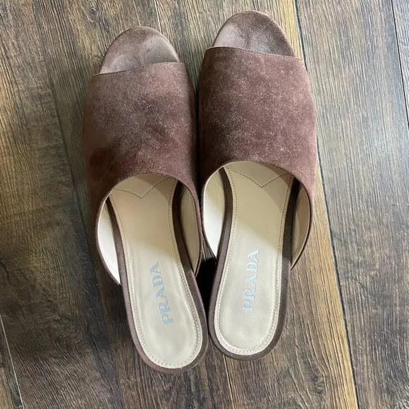 Prada Brown Suede Mules with Block Heel