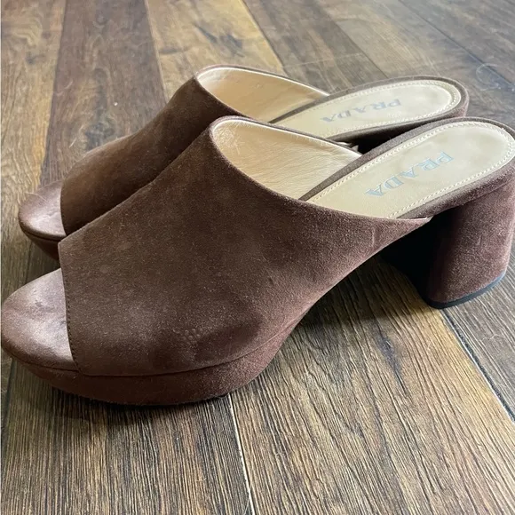 Prada Brown Suede Mules with Block Heel
