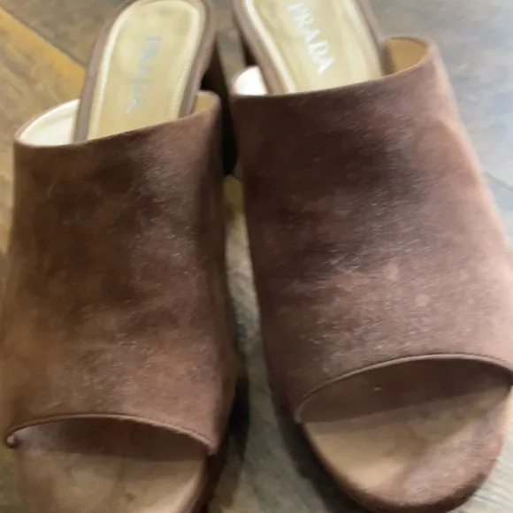 Prada Brown Suede Mules with Block Heel