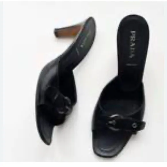 PRADA Buckle Front Heeled Slide On Mules Sandals