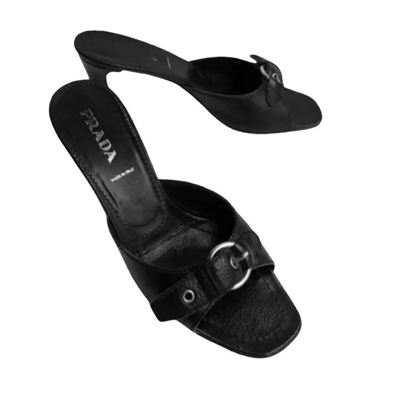 PRADA Buckle Front Heeled Slide On Mules Sandals
