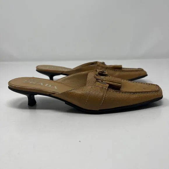 PRADA Camel Kitten Heel Spotted Mules Size 36.5
