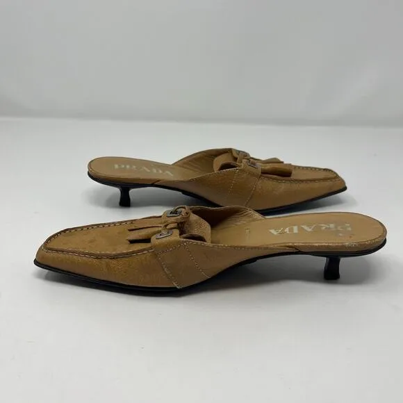 PRADA Camel Kitten Heel Spotted Mules Size 36.5