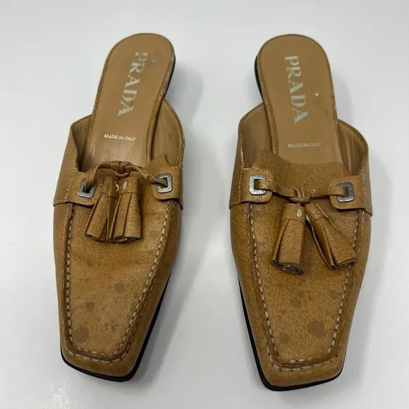 PRADA Camel Kitten Heel Spotted Mules Size 36.5