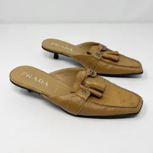 PRADA Camel Kitten Heel Spotted Mules Size 36.5