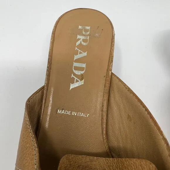 PRADA Camel Kitten Heel Spotted Mules Size 36.5