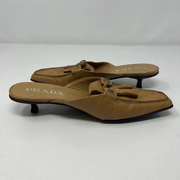 PRADA Camel Kitten Heel Spotted Mules Size 36.5