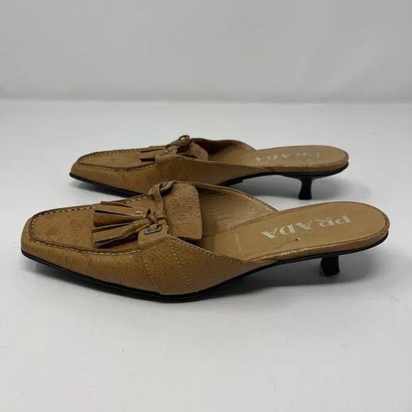 PRADA Camel Kitten Heel Spotted Mules Size 36.5