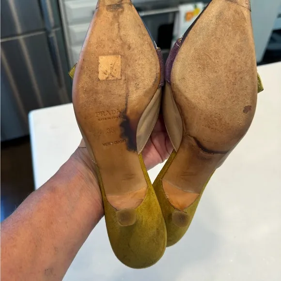 Prada multi color kitten heels with silver buckle